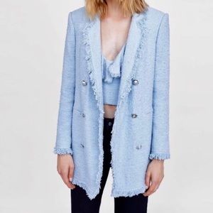 Zara light blue tweed blazer long